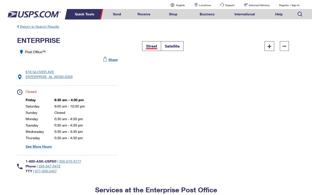 Enterprise ZIP code directory source showing the Enterprise Post Office listing